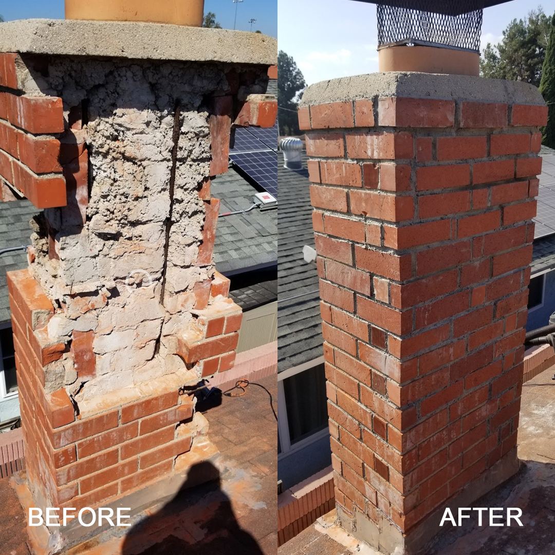 Before-and-after of a rebuilt brick chimney